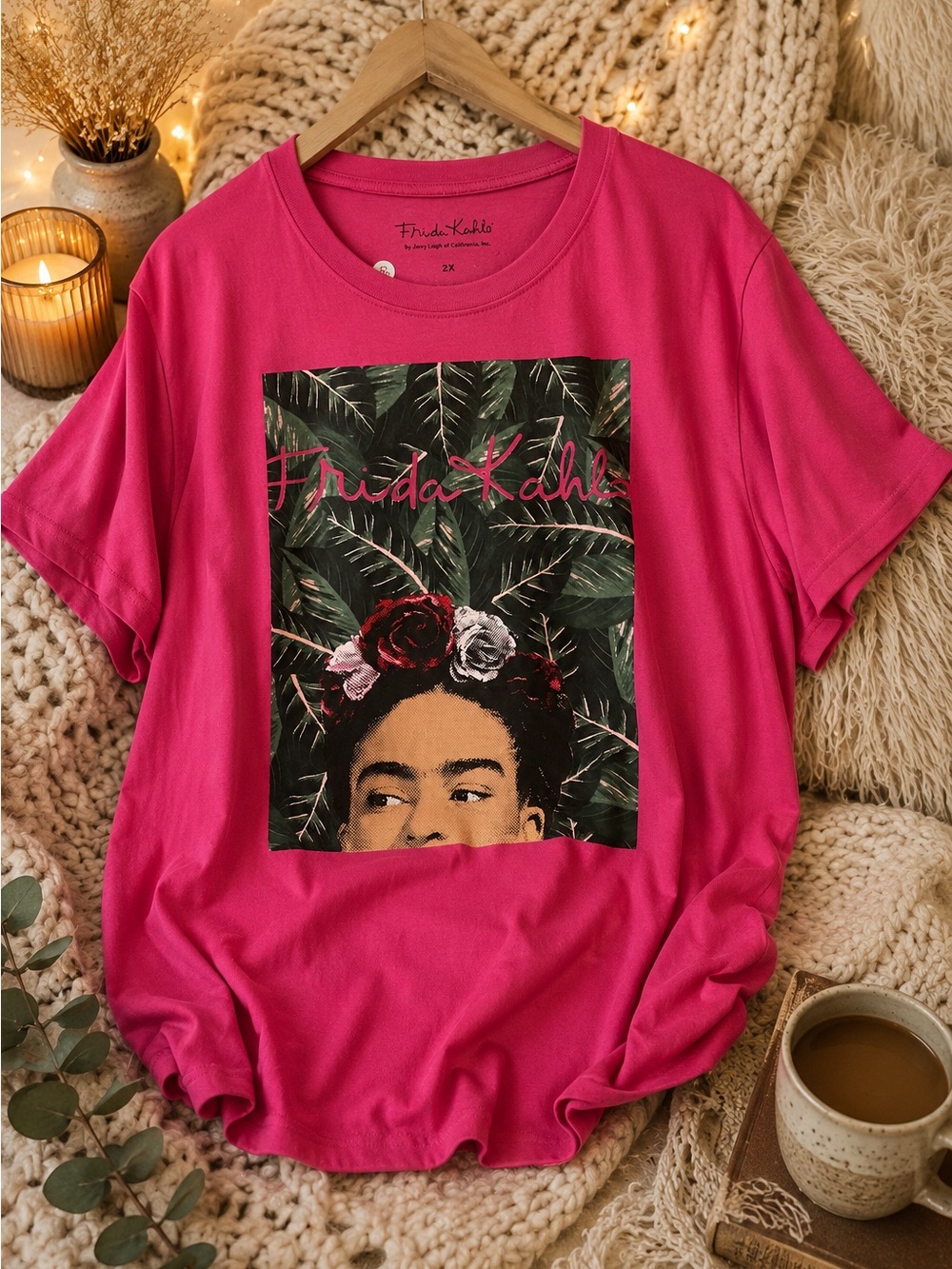 Frida Kahlo Pink Graphic T-Shirt Tropical Floral Art Tee Plus Size 2X 🦋